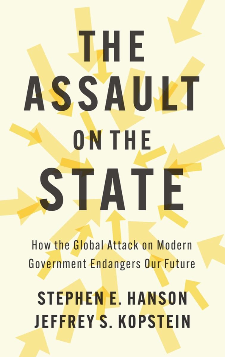 Book cover for Assault on the State showing the title in block letters, surrounded by yellow arrows pointing inward.
